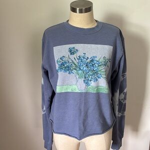 Van Gosh flower blue tie die sleeve unfinished hem crew neck